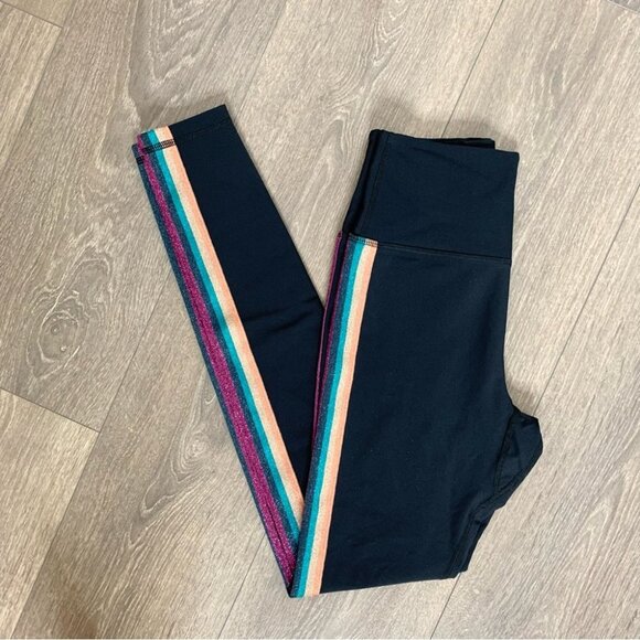 Spiritual Gangster High Waist 7/8 Metallic Sparkle Stripe Legging Rainbow Small - Picture 2 of 13